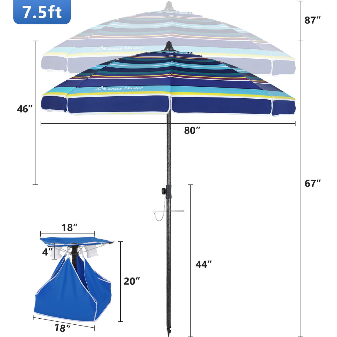 7.5ft Beach Umbrella (BlueYellow Stripe with Table)