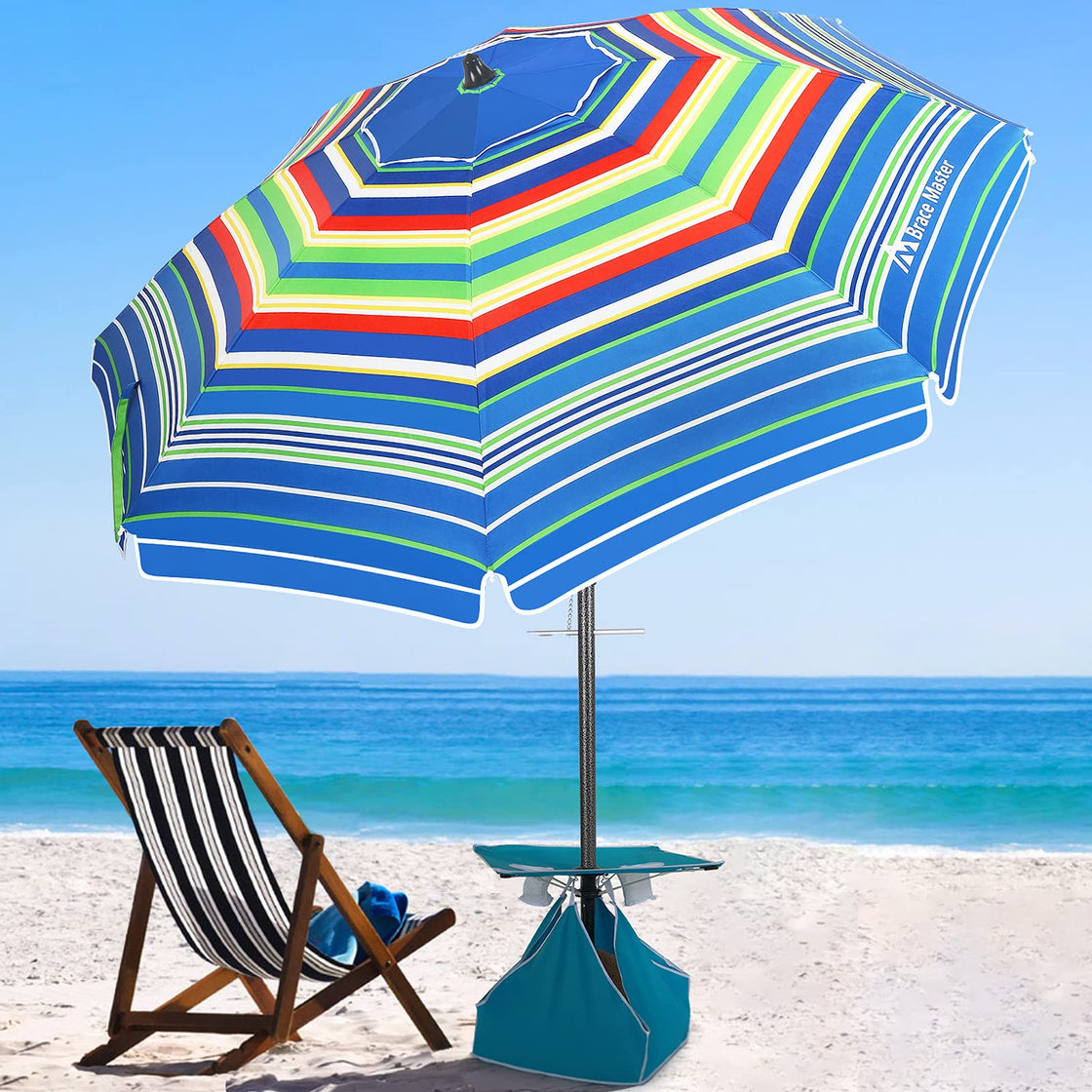 7.5ft Beach Umbrella (BlueRed Stripe with Table)