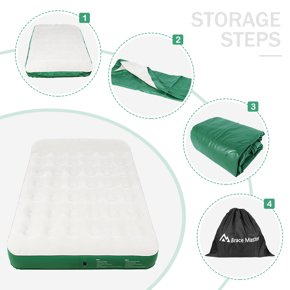 Brace Master Air Mattress with Pillow, Blow up Air Bed, Waterproof Flocked  Air Mattress Double, 203 x152 x 28cm, with Storage Bag, Green (Green, Queen