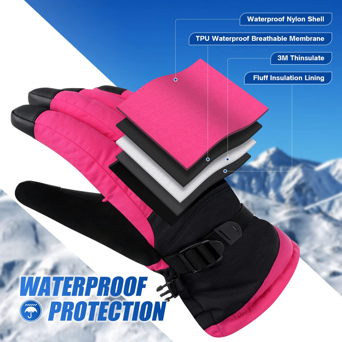 Brace Master Waterproof Ski Gloves (Rose Red)