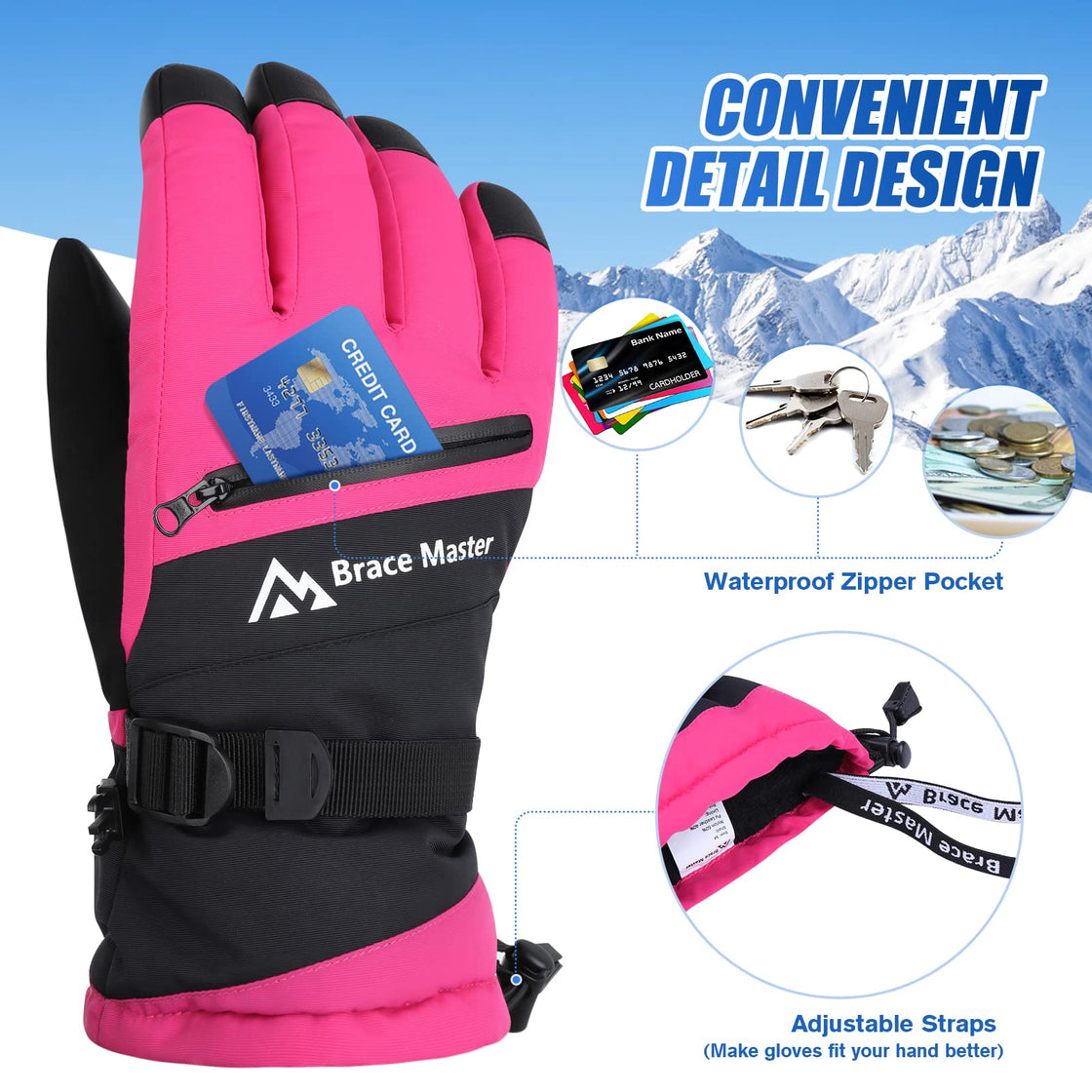 Brace Master Waterproof Ski Gloves (Rose Red)