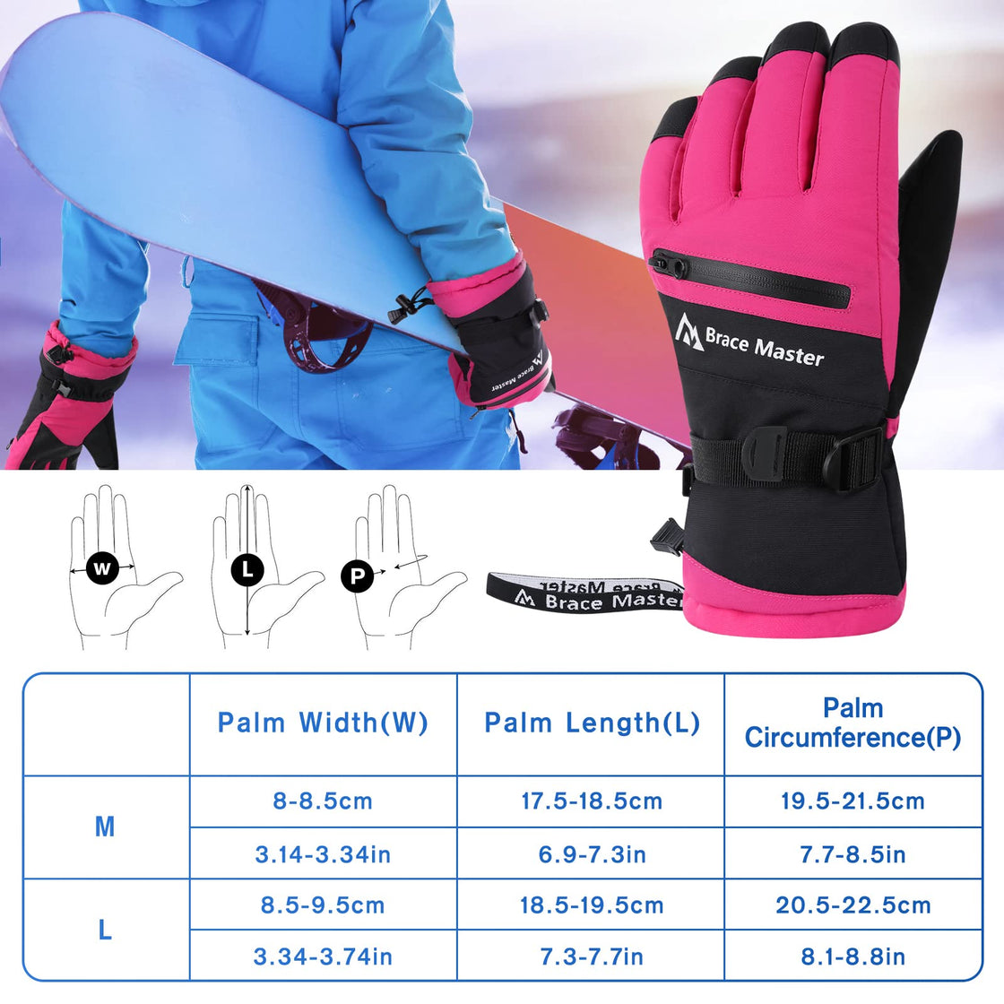 Brace Master Waterproof Ski Gloves (Rose Red)