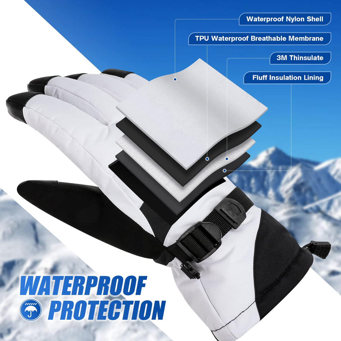 Brace Master Waterproof Ski Gloves (White)